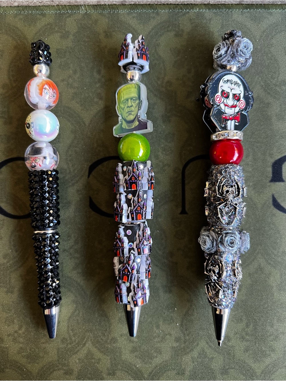 3x pens horror  Halloween Charm Ballpoint Pen set Frankenstein Chucky